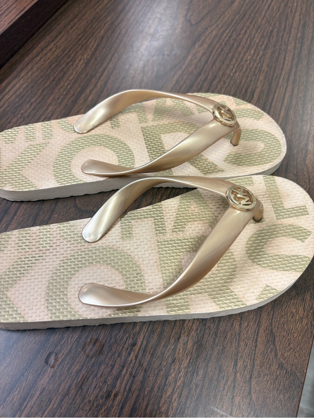 Michael Kors Metallic Gold Logo Flip Flops